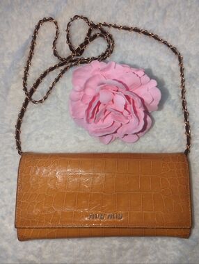 Miu Miu Authentic Yellow Leather Croc-Embossed Wallet On Chain Crossbody Bag